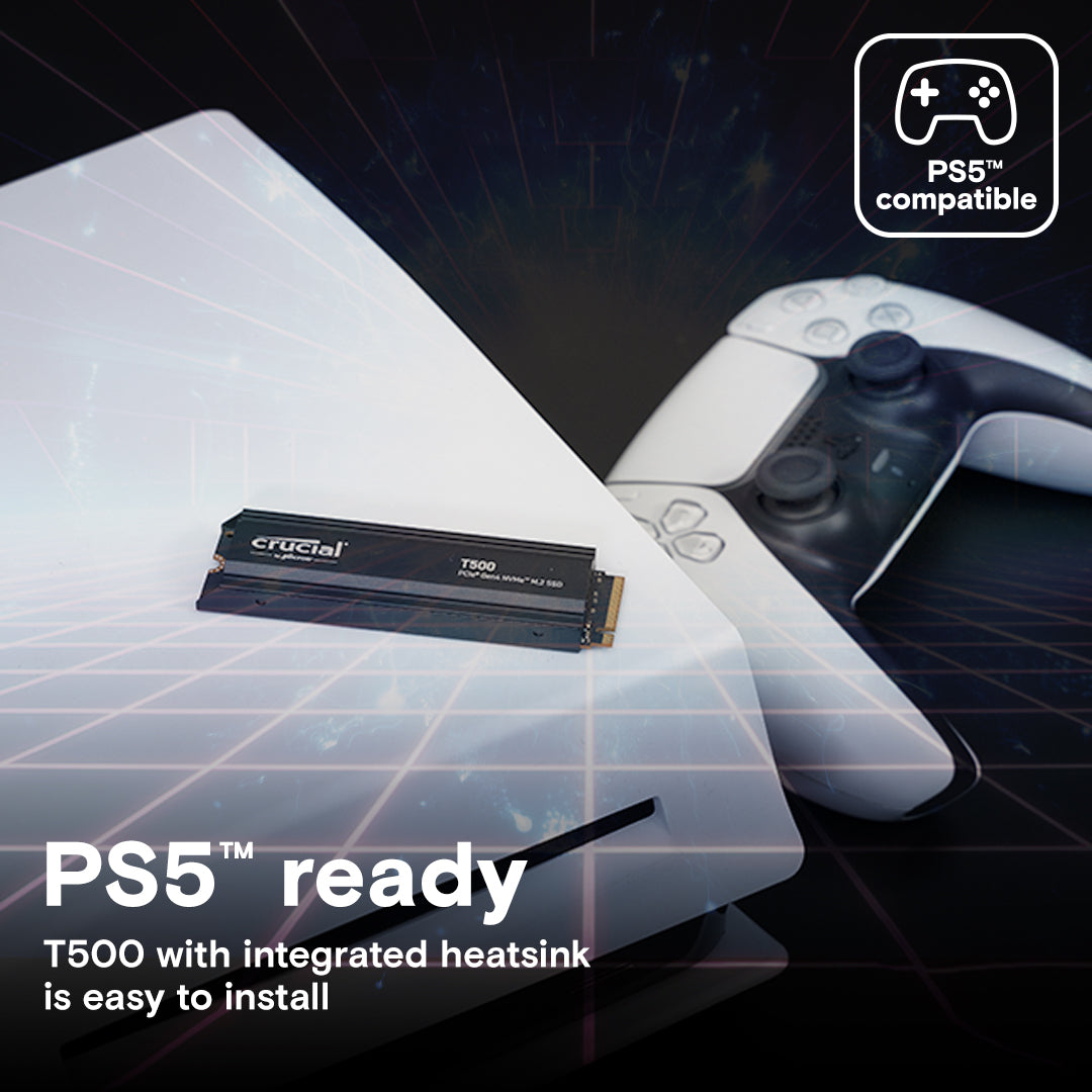 Crucial T500 PCIE GEN4 NVME M.2 HEATSINK. Speed up to 7,400MB/s, Load games 16% faster Crucial T500 PCIE GEN4 NVME M.2 HEATSINK. Speed up to 7,400MB/s, Load games 16% faster